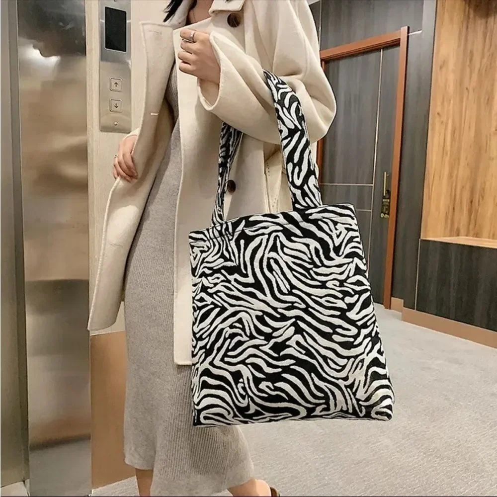 Large Zebra Tote Bag Black White Commuter Travel Minimalist Chic Fabric
